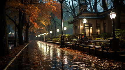 Fototapeta na wymiar A Park in Heavy Rain With Street Lights and Shiny Reflective Autumn Leaves