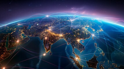 Asia-centric global network concept, vibrant data streams crossing continents, illustrating telecommunication