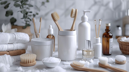 Sustainable bathroom accessories on a white background, including bamboo toothbrushes, natural bristles brushes, and eco-friendly beauty products. - obrazy, fototapety, plakaty