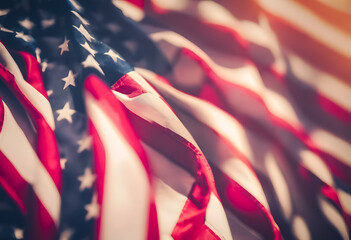Close-up of the American flag with a vintage filter, highlighting the stars and stripes with a warm, glowing backdrop, symbolizing patriotism and national pride. - obrazy, fototapety, plakaty
