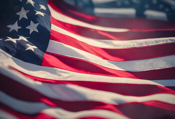American flag waving in the breeze with a close-up on the stars and stripes, symbolizing patriotism and freedom, suitable for Independence Day, Memorial Day, or Veterans Day themes. - obrazy, fototapety, plakaty