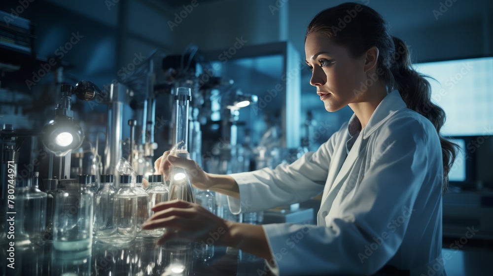 Poster A woman wearing a lab coat is performing a precise experiment in a lab. The background is full of modern scientific instruments. 