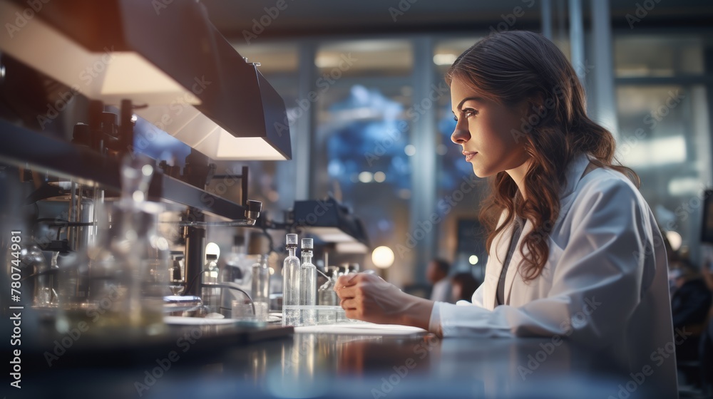 Poster A woman wearing a lab coat is performing a precise experiment in a lab. The background is full of modern scientific instruments. 