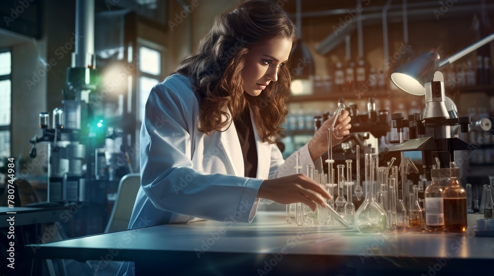 Poster A woman wearing a lab coat is performing a precise experiment in a lab. The background is full of modern scientific instruments. 