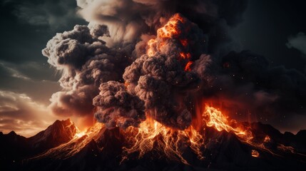  A mountain of fire explodes. The sky is black and dark on a background of smoke.