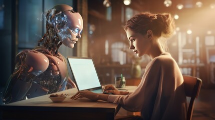 photograph of A woman is professionally writing an article on the computer with an AI standing next to her to help her come up with creative ideas.  - obrazy, fototapety, plakaty