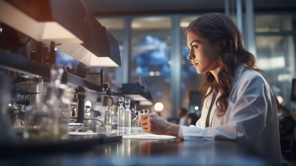A woman wearing a lab coat is performing a precise experiment in a lab. The background is full of modern scientific instruments.  - Powered by Adobe