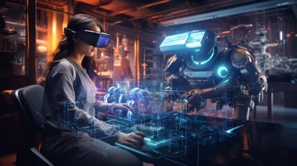 Fototapeta premium photograph of A woman wearing AR glasses is writing code to intelligently control a robot. On the background of a lab full of high-tech equipment. It represents technological progress. 