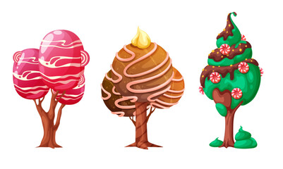Set of three trees stylized as dessert, ice cream and caramel, can be used for design of computer games, posters and advertising, trees isolated on white background