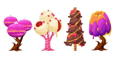 Set of four trees stylized as candy, can be used for design of computer games, posters and advertising, trees isolated on white background