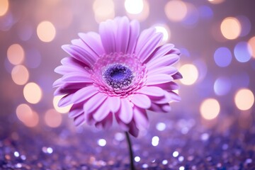 photograph of Single light purple Gerbera flower surrounded by twinkling lights. Suitable for parties 