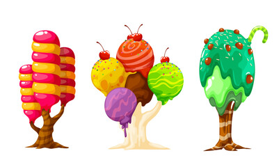 Set of three trees stylized as dessert, ice cream and caramel, can be used for design of computer games, posters and advertising, trees isolated on white background