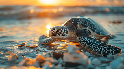 Sea turtle, Plastic waste, Renewable energy, Crystalline shores, Tropical paradise, Photography, Golden hour, Vignette