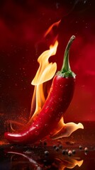 hot pepper on isolated red background with flame
