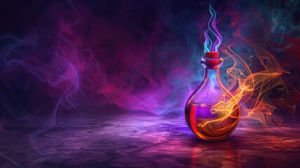 A mystical potion bottle amidst swirling smoke.