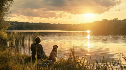 A serene lakeside scene with a person and a dog.