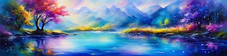 Watercolor illustration landscape spring lake on mountains background. Background for social media banner, website and for your design, space for text. - obrazy, fototapety, plakaty