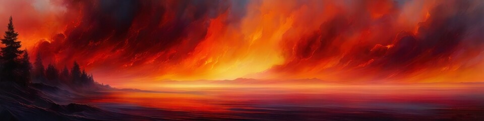 Abstract illustration lanscape in red colors, black clubs of smoke. Background for social media banner, website and for your design, space for text.