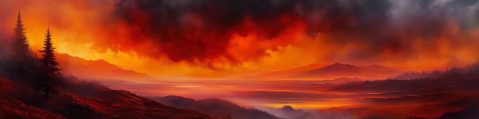 Abstract illustration lanscape in red colors, black clubs of smoke. Background for social media banner, website and for your design, space for text.