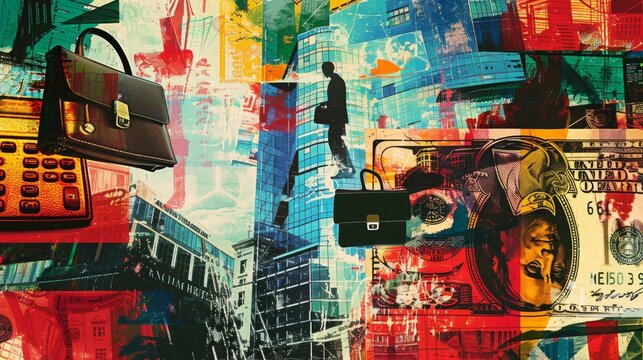 Silhouette of a man walking on a taut rope, floating briefcases, a red telephone keypad and a section of banknotes. In the background are fragmentary images of skyscrapers in a bold color scheme of re