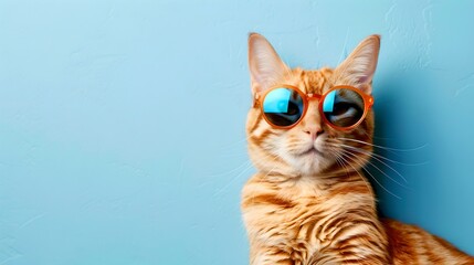 Cool cat in sunglasses posing against a blue background. Fashionable feline with attitude. Perfect for modern pet-related content. AI