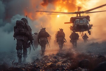An evocative scene capturing soldiers marching towards a helicopter amid a dusty sunset, symbolizing the grit of military operations