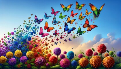 Colorful Butterflies Over Vibrant Flower Field - obrazy, fototapety, plakaty