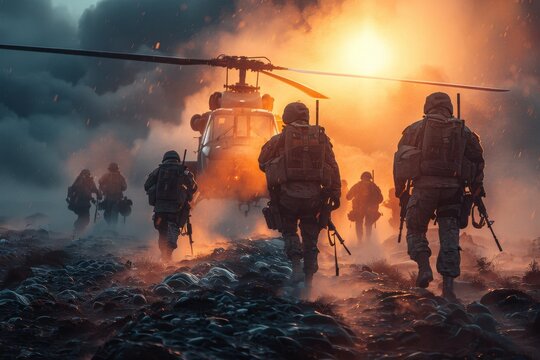 Strong visual of soldiers in gear marching towards an awaiting helicopter with a vivid sunset in the background
