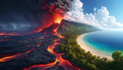 Fotobehang Volcanic Eruption Meeting Pristine Tropical Beach © Chayan