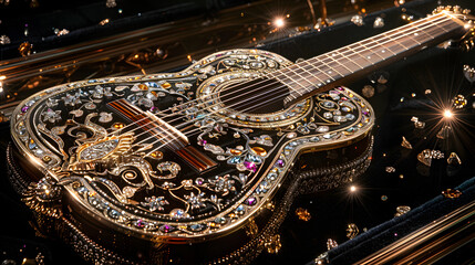guitar, intricately decorated with gold and adorned with numerous gemstones.
