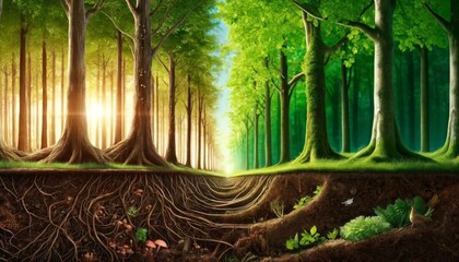 Sunlight Through Forest Revealing Underground Roots