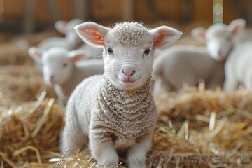 The innocence of a woolly lamb is highlighted in this warm, detailed close-up, with other lambs softly blurred in the barn's background