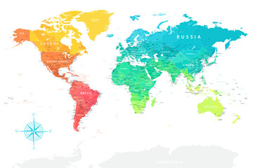 Fototapeta na wymiar World Map - Highly Detailed Colored Vector Map of the World. Ideally for the Print Posters. Rainbow Colors