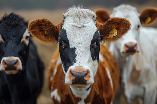 An eye-catching image of a herd of cows with a prominent white-faced cow staring intently at the camera with sharp focus