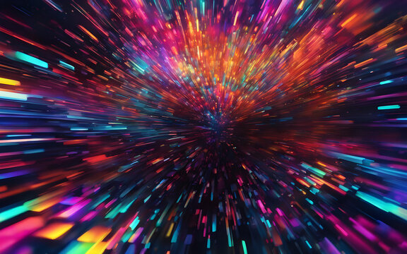 Digital glitch art, vibrant pixels scattering in neon colors, abstract technological error pattern