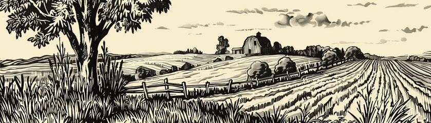 Farm scene, woodcut style, detailed line work, pastoral