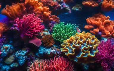 Naklejka na ściany i meble Fluorescent coral reef texture, underwater neon glow, vivid marine ecosystem, surreal and exotic abstract pattern