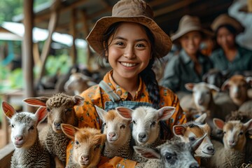 A cheerful young woman in a hat with a broad smile is surrounded by playful sheep in a lively farm...