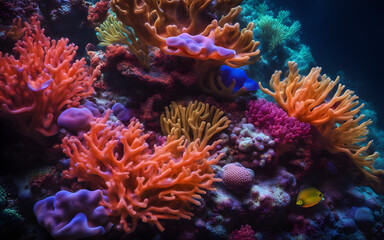 Fluorescent coral reef texture, underwater neon glow, vivid marine ecosystem, surreal and exotic abstract pattern