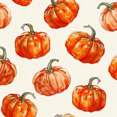 Quirky pumpkin pattern, vintage watercolor, seamless repeat
