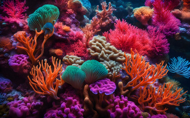 Fluorescent coral reef texture, underwater neon glow, vivid marine ecosystem, surreal and exotic abstract pattern