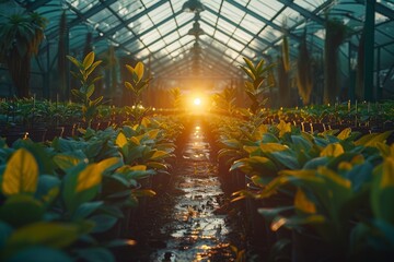 A serene greenhouse with plants basked in the warm glow of a sunset, showcasing a peaceful end of day in horticulture