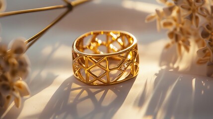 Fototapeta na wymiar Elegant golden ring design on a soft backdrop. A luxurious and intricately designed 18K golden with 316L Stainless steel ring stands out against a creamy, soft background, bathed in gentle light