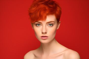 Studio portrait of beautiful young ginger woman with short hair style on studio colour background