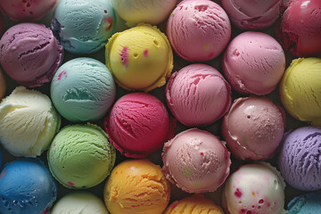 Assorted colorful ice cream scoops background, top view
