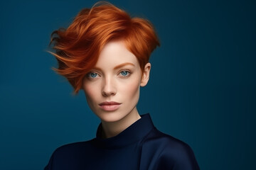 Studio portrait of beautiful young ginger woman with short hair style on studio colour background