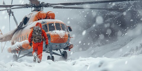 Search and rescue work in the mountains. A man in a red suit against the background of a red rescue helicopter. Red bird saves lives. - obrazy, fototapety, plakaty