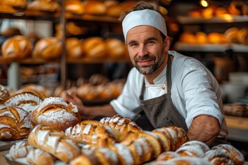 A male baker in professional attire with a proud smile, showcasing artisan bread in a bakery