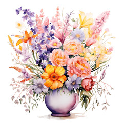 Digital Pastel Watercolor Wildflower Bouquets in Vases on Transparent Background