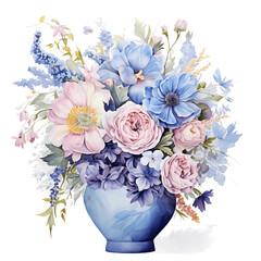 Digital Pastel Watercolor Wildflower Bouquets in Vases on Transparent Background